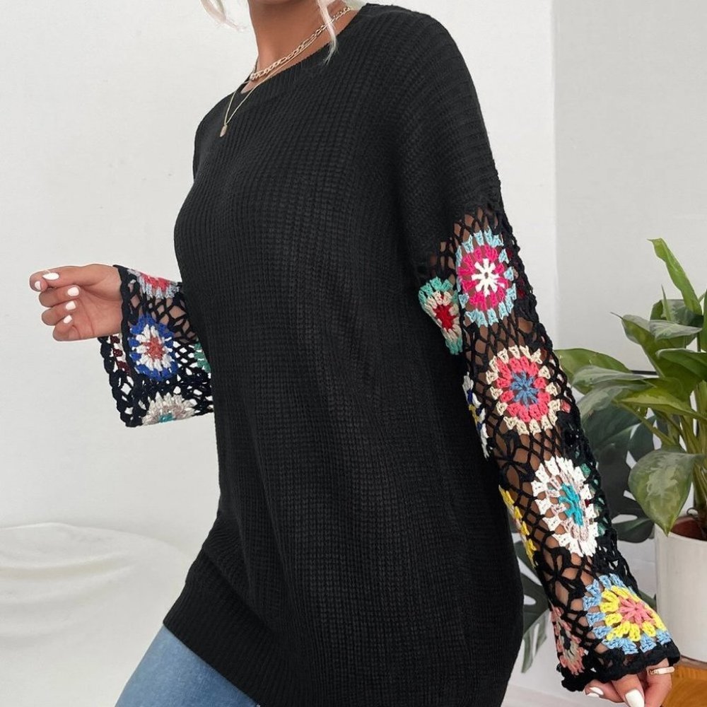 Black Casual Womens Floral Pattern Drop Shoulder Open Knit Sweater - Picture 4 of 4